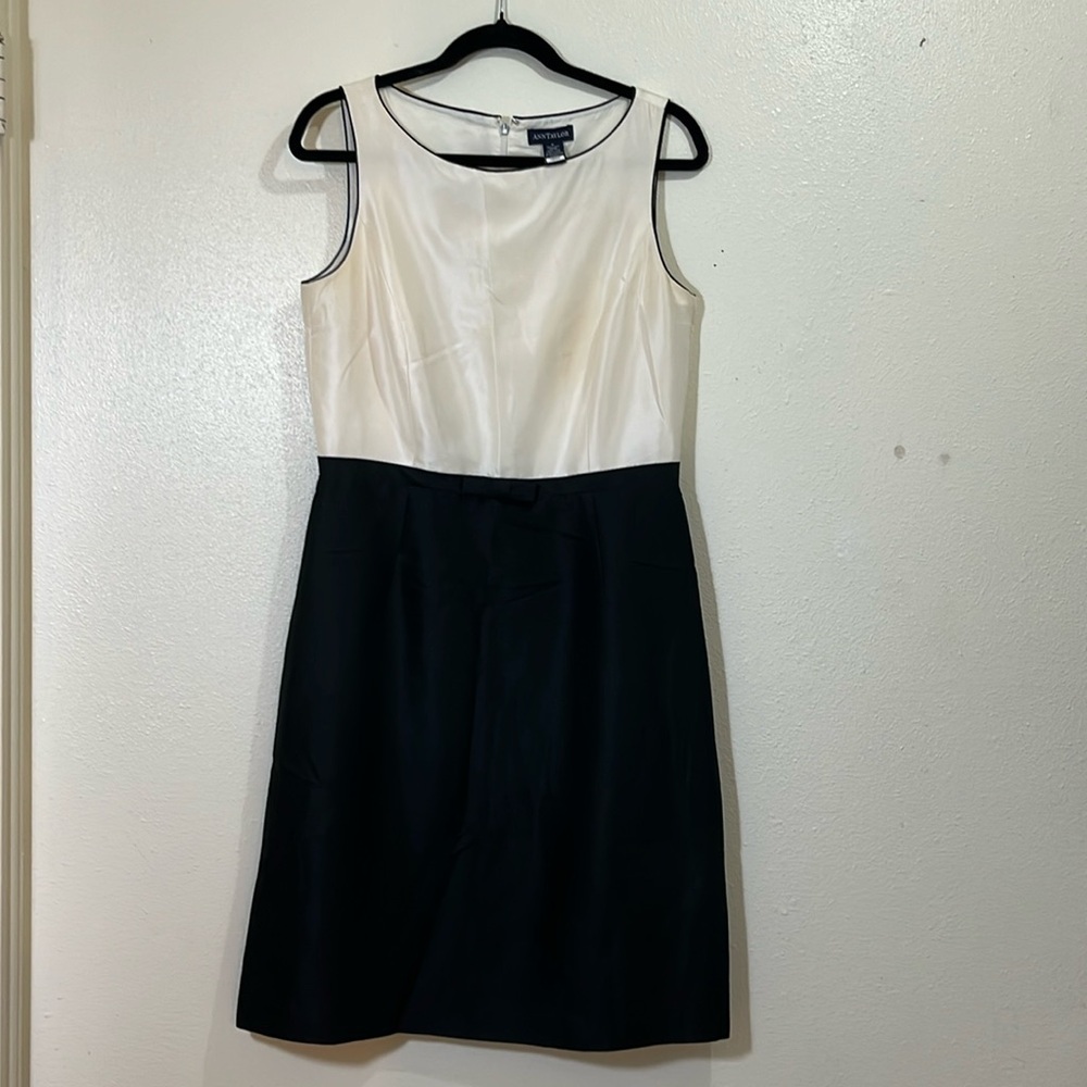 Ann Taylor 100% silk, midi dress. Sleeveless, black and cream. Size 8